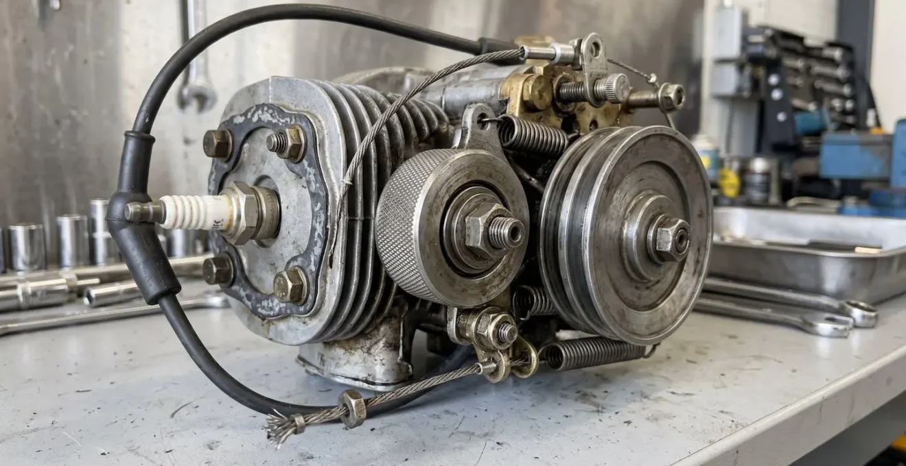 Gros plan sur un mécanisme de galet d'entraînement en métal poli, câbles et composants d'un petit moteur deux-temps, sur établi propre