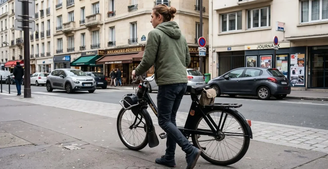 Personne de dos marchant à côté d'un vélo vintage sur un trottoir parisien, vêtements modernes décontractés, lumière naturelle douce