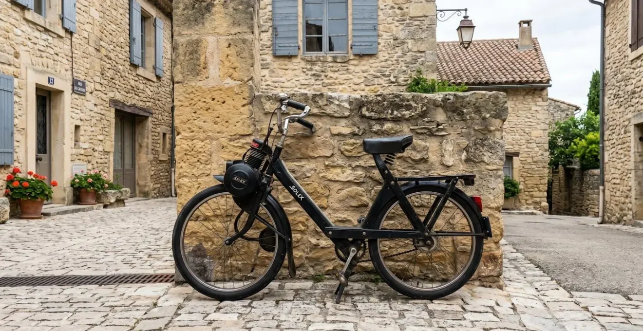 Rue parisienne typique avec façades haussmanniennes, vélo vintage stationné contre un mur de pierre, lumière matinale douce