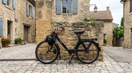 Rue parisienne typique avec façades haussmanniennes, vélo vintage stationné contre un mur de pierre, lumière matinale douce